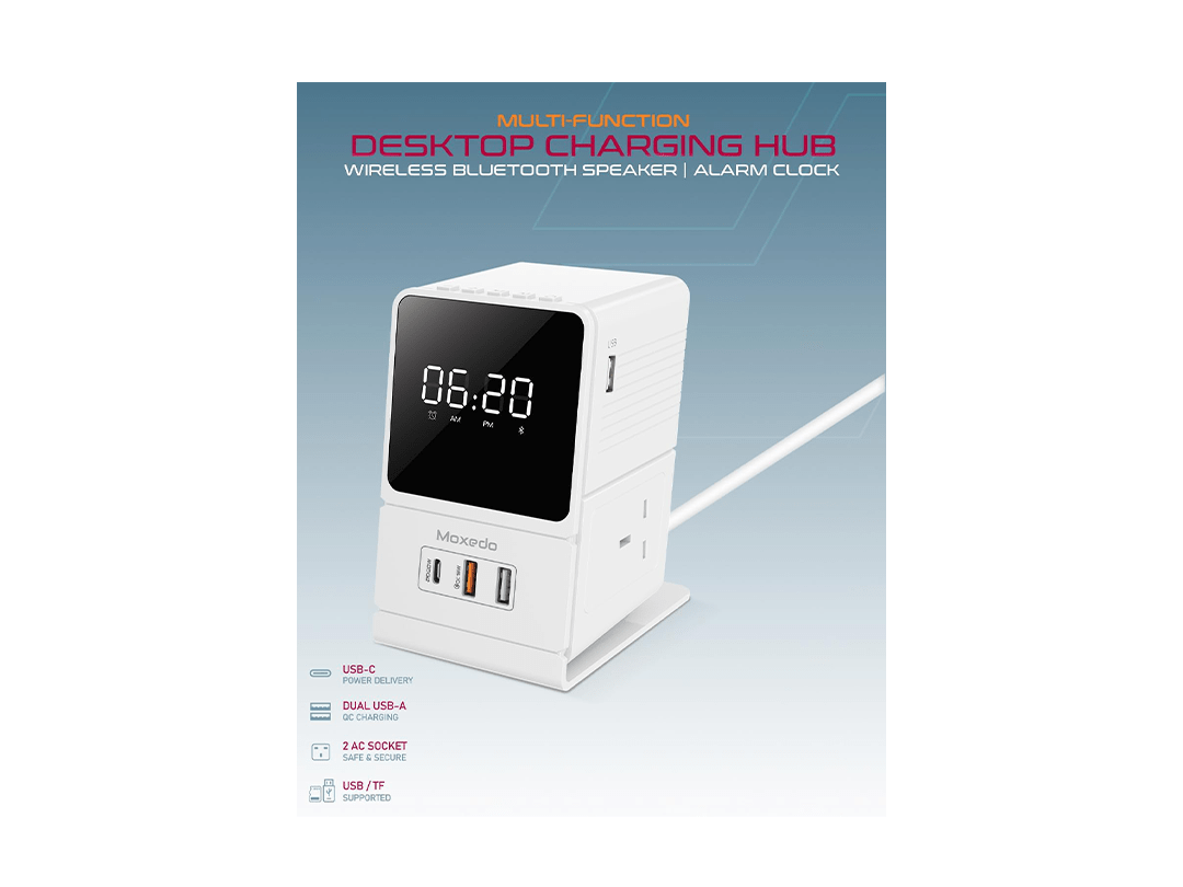 Moxedo Multi- Function 3250W Desktop Charging Hub 2 AC Socket and 3 USB Ports Power Strip 20W USB-C Port 18W QC Port with Wireless Bluetooth Speaker Digital Alarm Clock in Qatar Moxedo Multi- Function 3250W Desktop Charging Hub 2 AC Socket and 3 USB Ports Power Strip 20W USB-C Port 18W QC Port with Wireless Bluetooth Speaker Digital Alarm Clock in Qatar